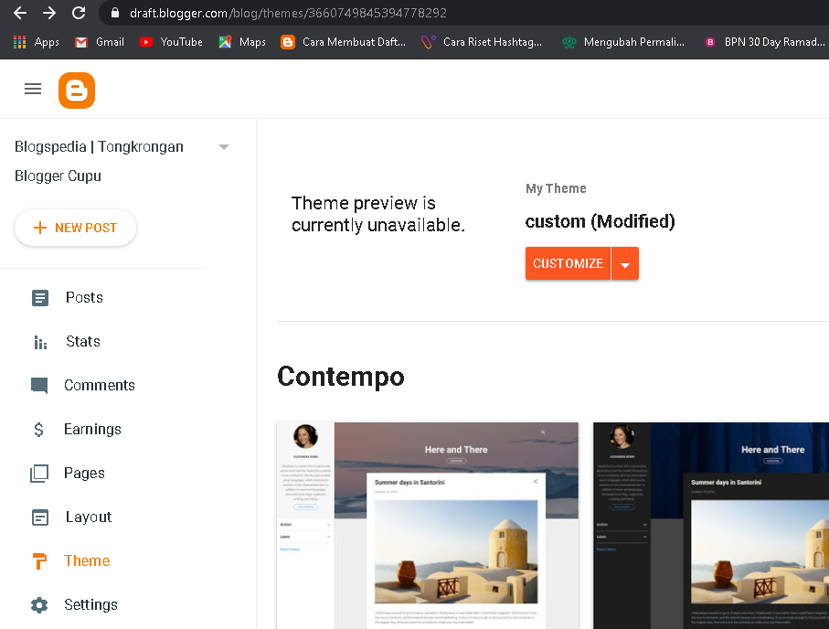 tampilan tema di dashboard terbaru blogger 2020