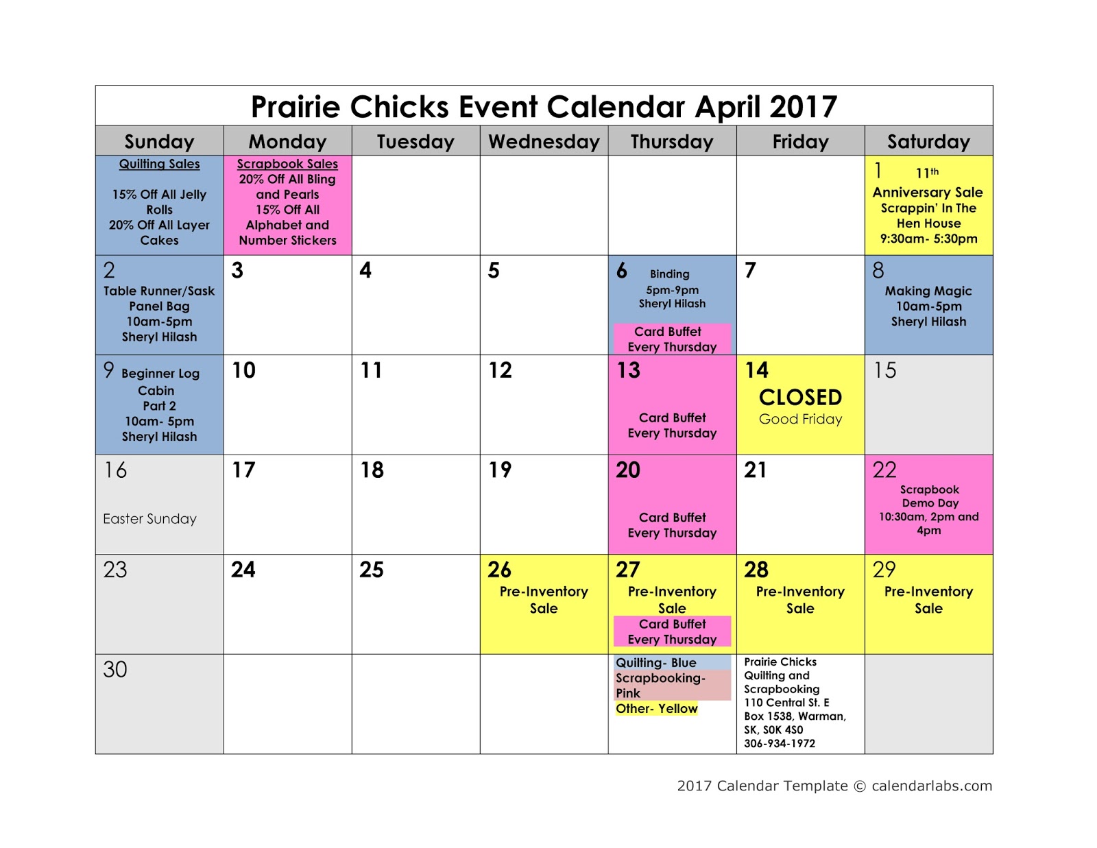 Prairie Chicks April 2017 Events Calendar