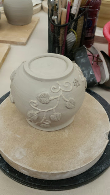 Slip trailed and sprigged pottery / ceramic vessel by Lily L, in progress.