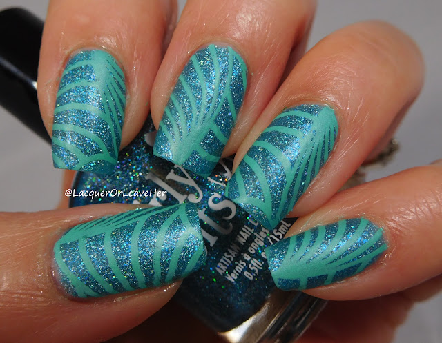 UberChic Beauty 26-02 over Girly Bits Cosmetics Le Freak, stamped Girly Bits Cosmetics Ker-minty Frog Here