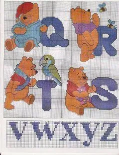 Abecedario Winnie de Pooh para Punto de Cruz. Winnie the Pooh Alphabet for Cross Stitch.
