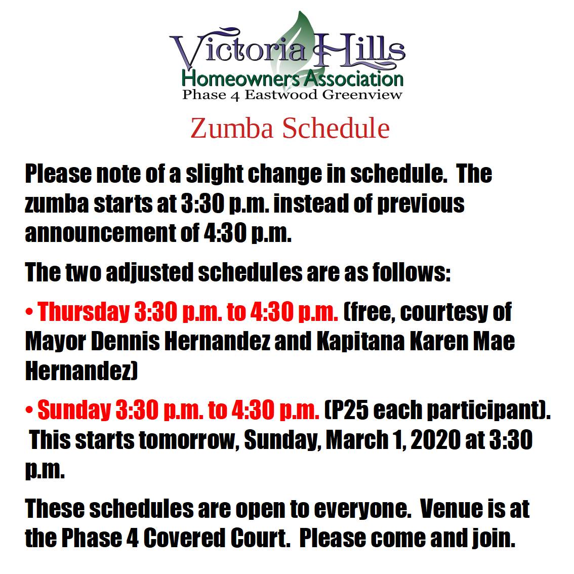 Victoria Hills Homeowners Association, Inc.: New Zumba Schedule Victoria Hills Homeowners Association, Inc.: New Zumba Schedule