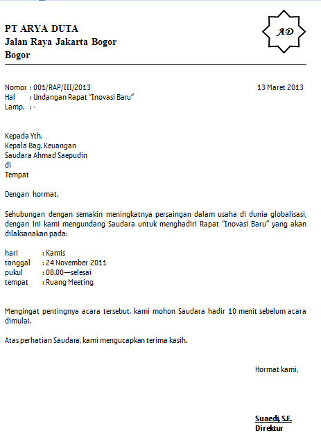 Contoh Surat Undangan Resmi Semi Block Style