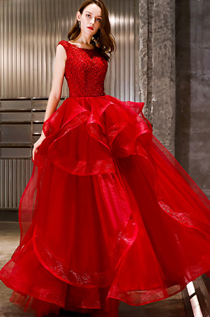 Red Lace Applique Layer Tulle Women Wedding Dress