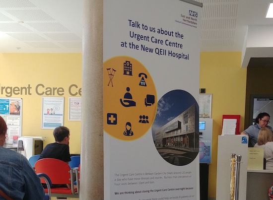 Information board inside the Urgent Care Centre at the QEII in Welwyn Garden City Photograph by North Mymms News released via Creative Commons BY-NC-SA 4.0