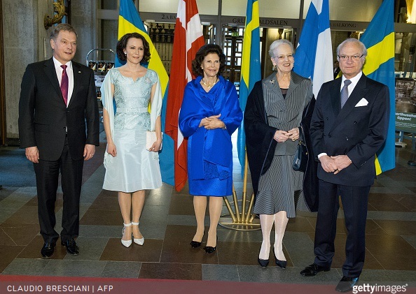  Finland's President Sauli Niinisto, Jenni Haukio, Queen Silvia of Sweden, Queen Margrethe of Denmark and King Carl Gustaf of Sweden pose at Stockholm Concert Hall