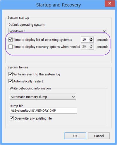 Modifier l'heure d'affichage de la liste des systèmes d'exploitation et des options de récupération