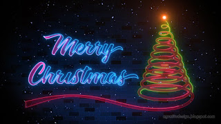 Merry Christmas And Spiral Christmas Tree Neon Light In The Falling Snow With Dark Blue Brick Wall Background