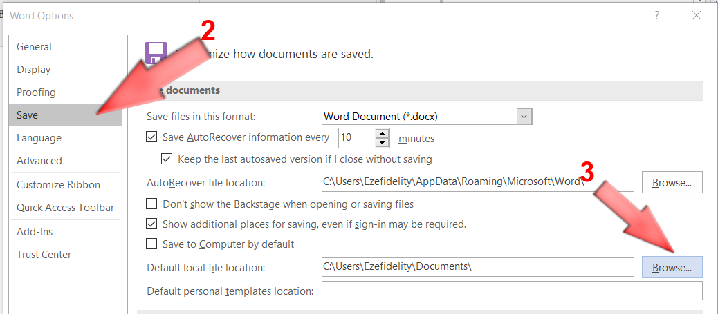 microsoft word default settings for saving documents