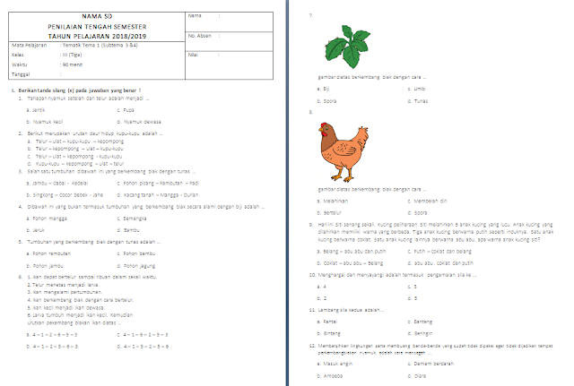 Soal PTS/UTS Kelas 3 SD/MI: Tema 1 Subtema 3-4