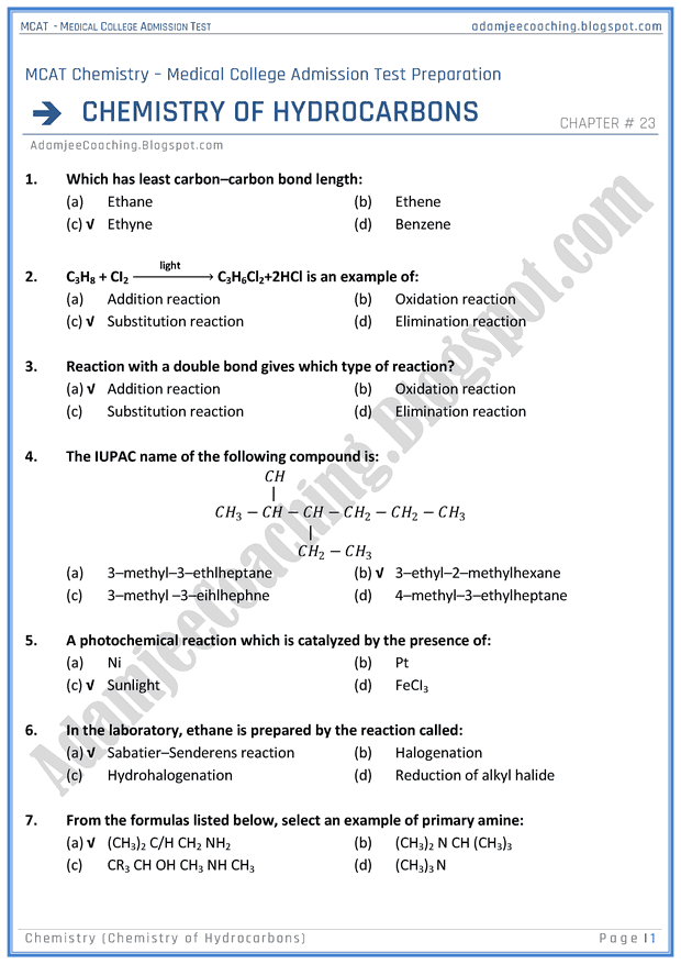 Adamjee Coaching MCAT Chemistry [Chemistry of Hydrocarbons] Mcqs for