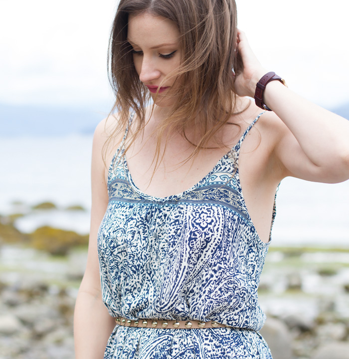 Vancouver Fashion Blogger, Alison Hutchinson, is wearing a bandana print maxi dress from Tobi