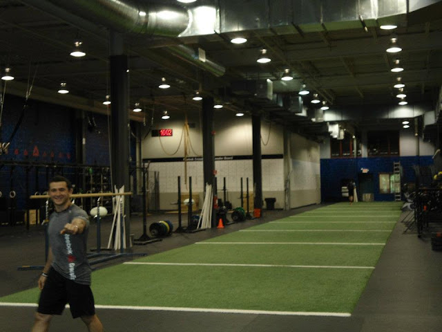 Image of the green turf field inside of the Reebok Crossfit ONE facility 