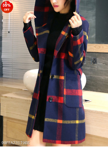 Hooded Patch Pocket Single Breasted Plaid Coats