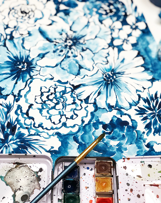 a peek inside my process- blue watercolor flowers