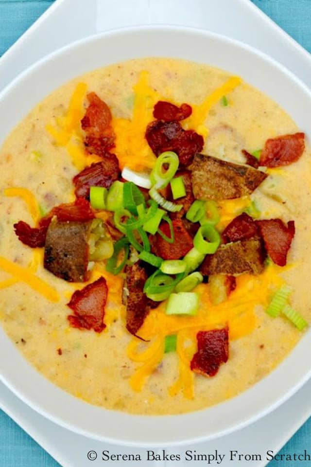 Fully Loaded Baked Potato Soup recipe with a crisp potato skin and bacon topping is a favorite fall soup recipe from Serena Bakes Simply From Scratch.