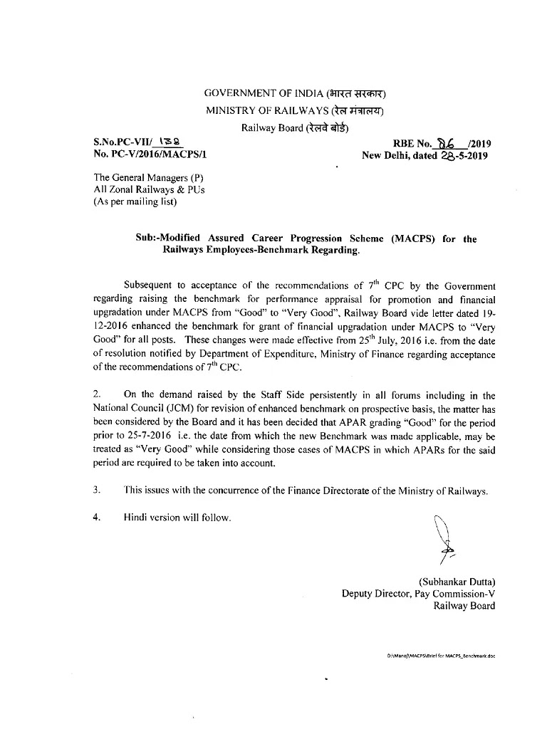 MACP : “Good” APAR Grading prior to 25.07.2016 may be treated as “Very Good” for MACP | RBE No. 86/2019 MACP : “Good” APAR Grading prior to 25.07.2016 may be treated as “Very Good” for MACP | RBE No. 86/2019