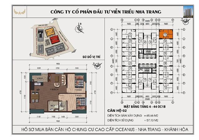 Mặt bằng Căn 02 Chung Cư OC1B Mường Thanh Viễn Triều Nha Trang