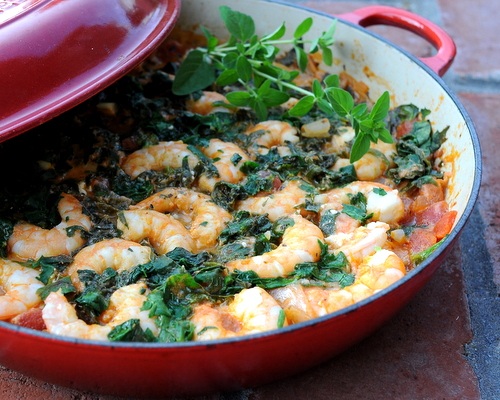 Shrimp with Tomatoes, Spinach & Feta, another Quick Supper ♥ KitchenParade.com. One-Pot Dinner. Low Carb. High Protein. Weight Watchers Friendly. Naturally Gluten Free.