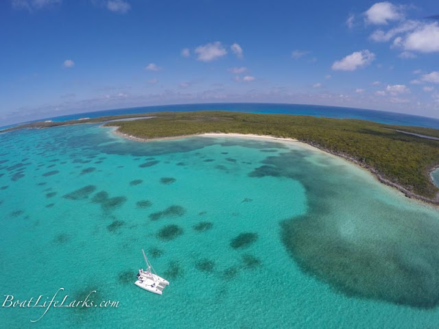 Drone shot of catamaran at anchor, Hoffman's Cay, Berry Islands, Bahamas