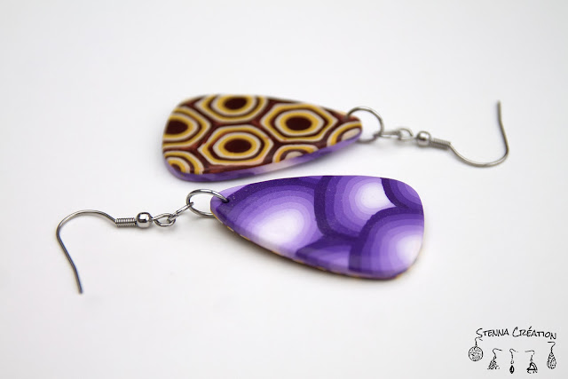 Boucles oreilles pâte polymère Canne cible violet cuivre jaune Stenna Création