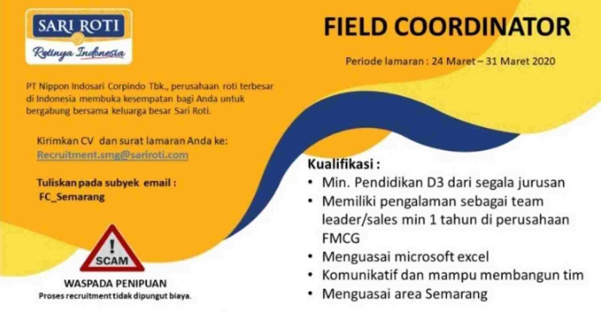 Loker PT Nippon Indosari Corpindo Tbk (Sari Roti) Semarang 2020