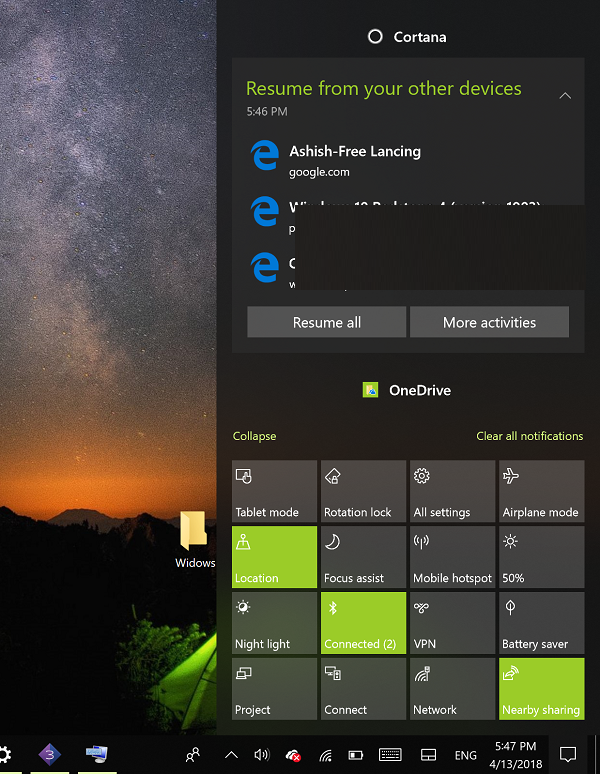 Cortana Action Center riprende il lavoro