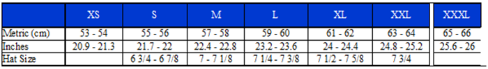 Arai-Galaxy: Sizing Chart
