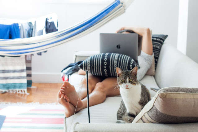https://www.pexels.com/photo/woman-lying-on-sofa-with-cat-in-her-foot-909620/