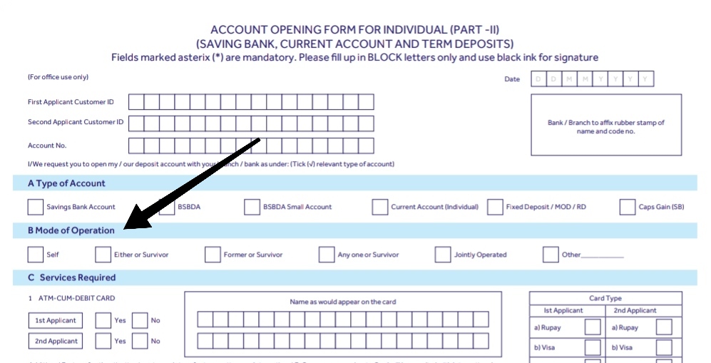 Mode of operation in bank account