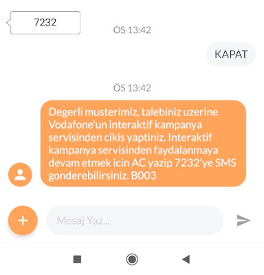 Vodafone İnteraktif Kampanya Servisi kapatma