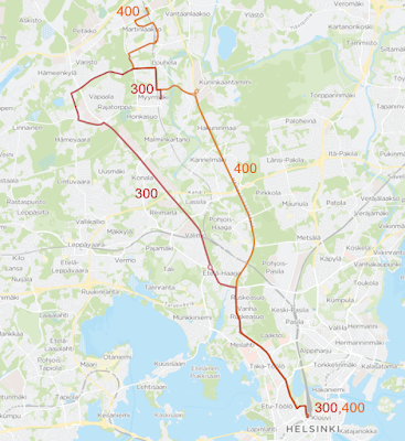 Runkolinjojen 300 ja 400 ehdotetut reitit. Linjan 300 reitti Elielinaukiolta Mannerheimintietä Vihdintielle ja Pähkinärinteen kautta Myyrmäkeen. Linjan 400 reitti Elielinaukiolta Mannerheimintietä Hämeenlinnanväylälle, josta Myyrmäen ja Martinlaakson kautta Vantaankoskelle.