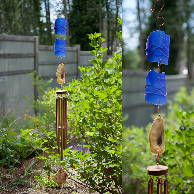 Large outdoor cobalt blue glass, copper, oyster shell wind chime: Coast Chimes