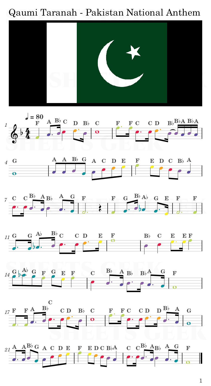 Qaumi Taranah - Pakistan National Anthem Easy Sheet Music Free for piano, keyboard, flute, violin, sax, cello page 1