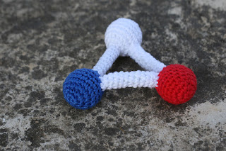 Molecule triangle Rattle, scientific crochet rattle baby toy, hand crocheted, Red Blue White