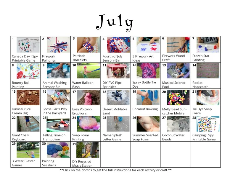 Free downloadable activity calendar for kids for the month of July from And Next Comes L