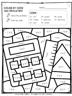 Color by Number Multiplication Facts School Supply Themed calculator and ruler black and white