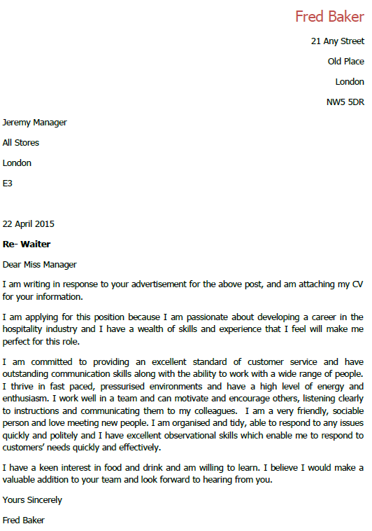 application letter for the post of a waiter