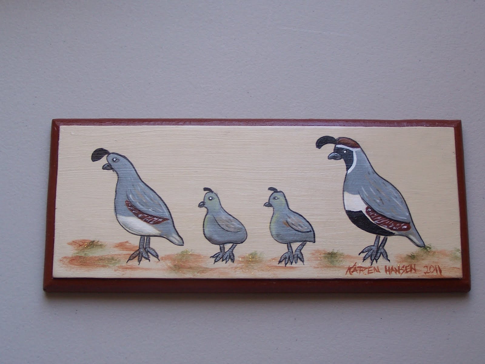 Karen's Hand Painted goods: Quail rock and Quail family.