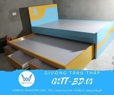 Giường tầng thấp chủ đề bóng đá G2TT-BD.02 phối màu xanh da trời và vàng