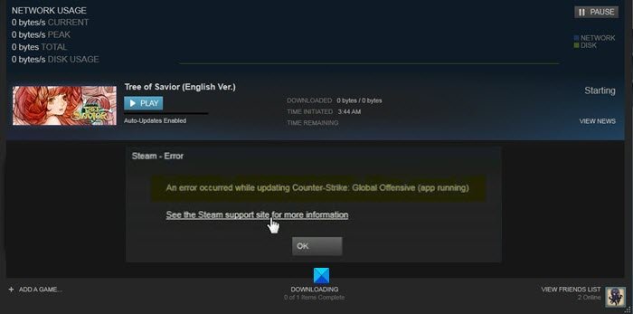 Une erreur s'est produite lors de l'installation ou de la mise à jour du jeu Steam