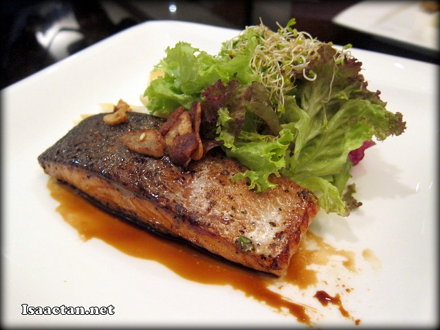 Grilled Salmon with Teriyaki Sauce and sautéed vegetable and garlic flakes