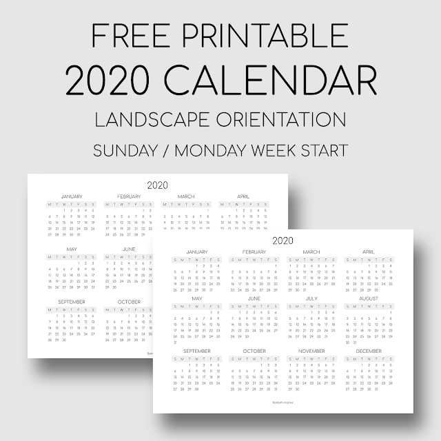Printable 2020 Year At A Glance Calendar Landscape Orientation