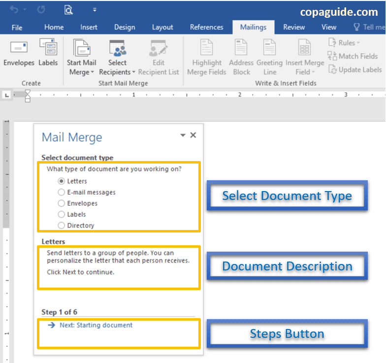 Mail Merge Wizard Select document type in MS-Word Hindi Notes