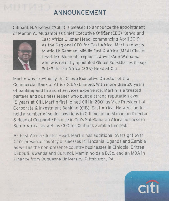Kitomari Banking & Finance Blog CITIBANK ANNOUNCES MARTIN MUGAMBI AS