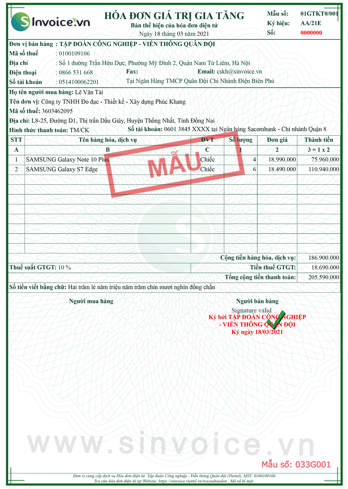 Mẫu hóa đơn điện tử số 033G001