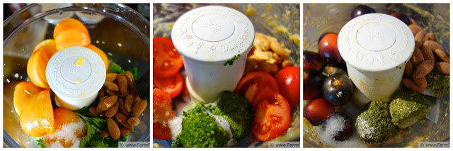 a collage of the steps involved making fresh tomato pesto