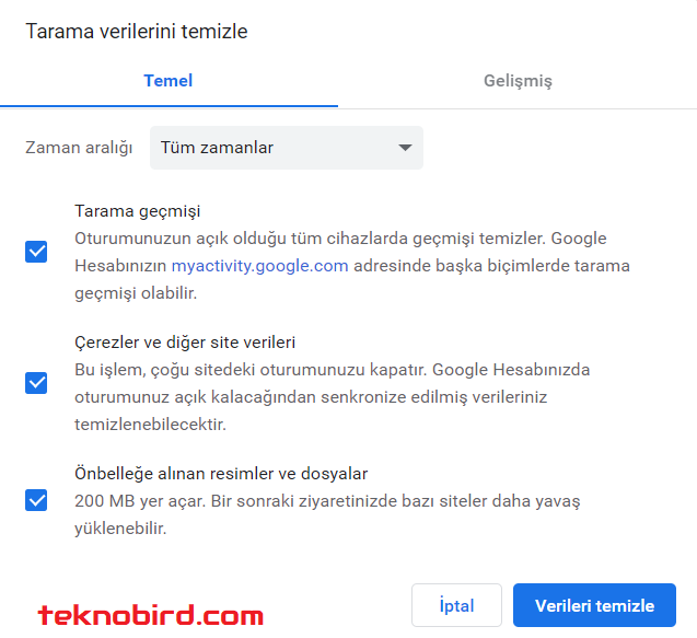 Google Chrome'da Önbelleği ve Tarama Geçmişini Temizle