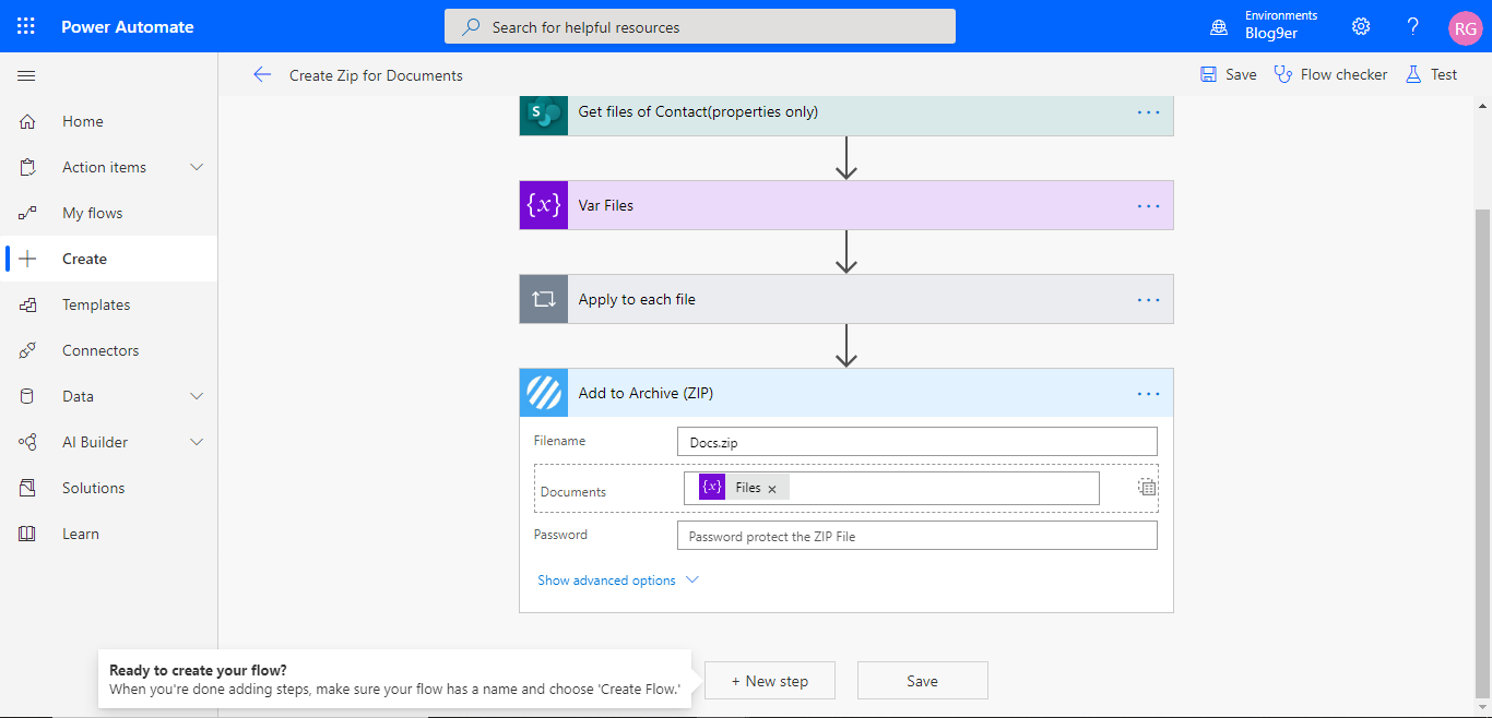 Using Microsoft Flow to create Zip of all the documents available in