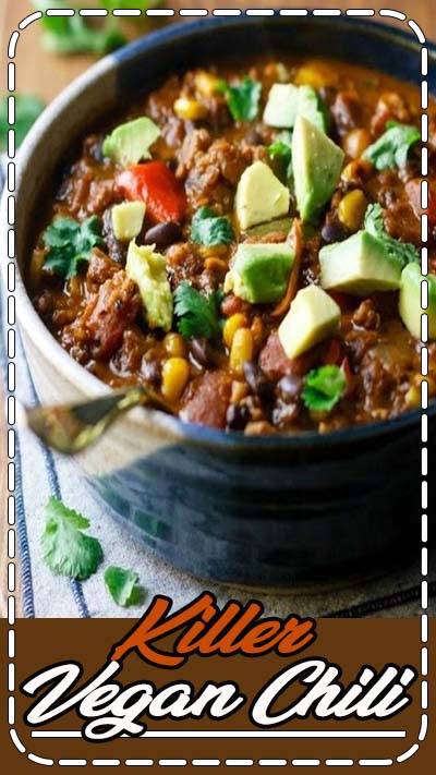 Killer Vegan Chili - hold on to your soup spoons, 'cause this is some killer chili. It's hearty, spicy and packed with slow-cooked flavor! A great source of fiber, vitamins, nutrients and vegan protein. Killer Vegan Chili - hold on to your soup spoons, 'cause this is some killer chili. It's hearty, spicy and packed with slow-cooked flavor! A great source of fiber, vitamins, nutrients and vegan protein.